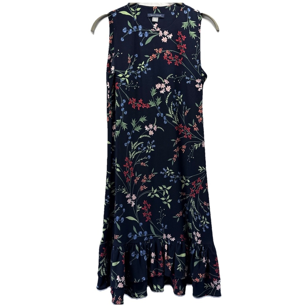 Tommy Hilfiger Womens Shift Dress Sz 2 Blue Floral Ruffle Flounce Hem Sleeveless